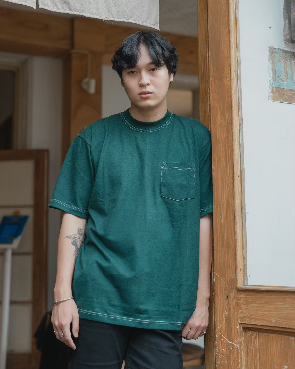 Ginza Oversize Tshirt Pine Green White Stitch