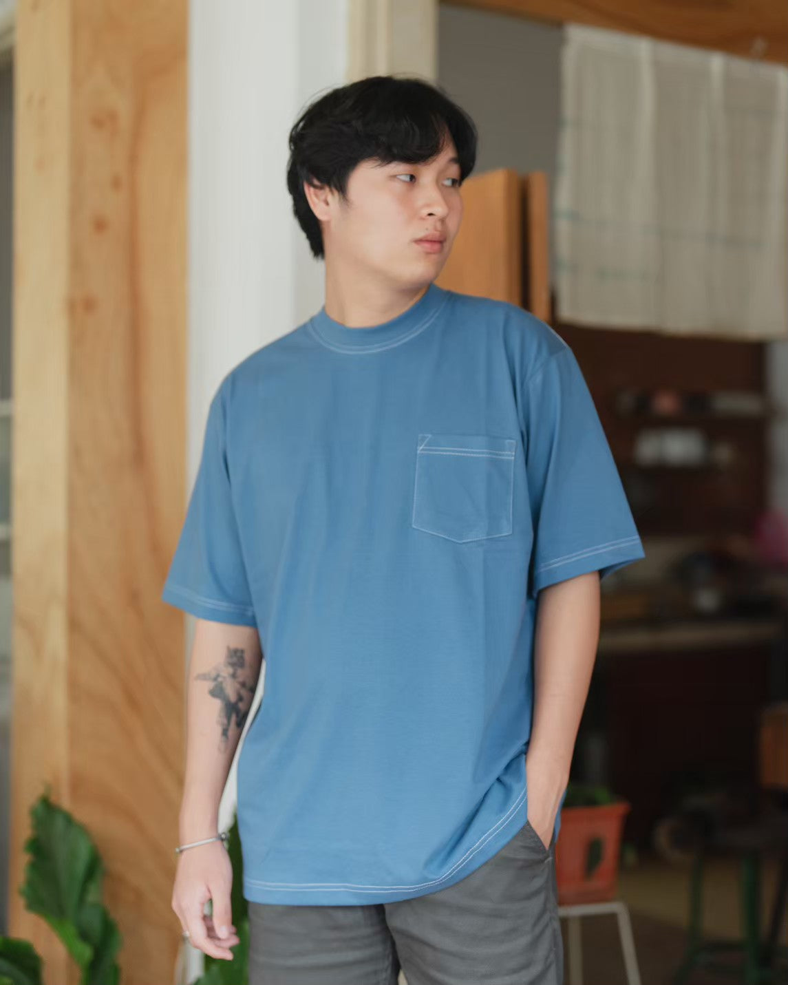 Ginza Oversize Tshirt Steel Blue White Stitch