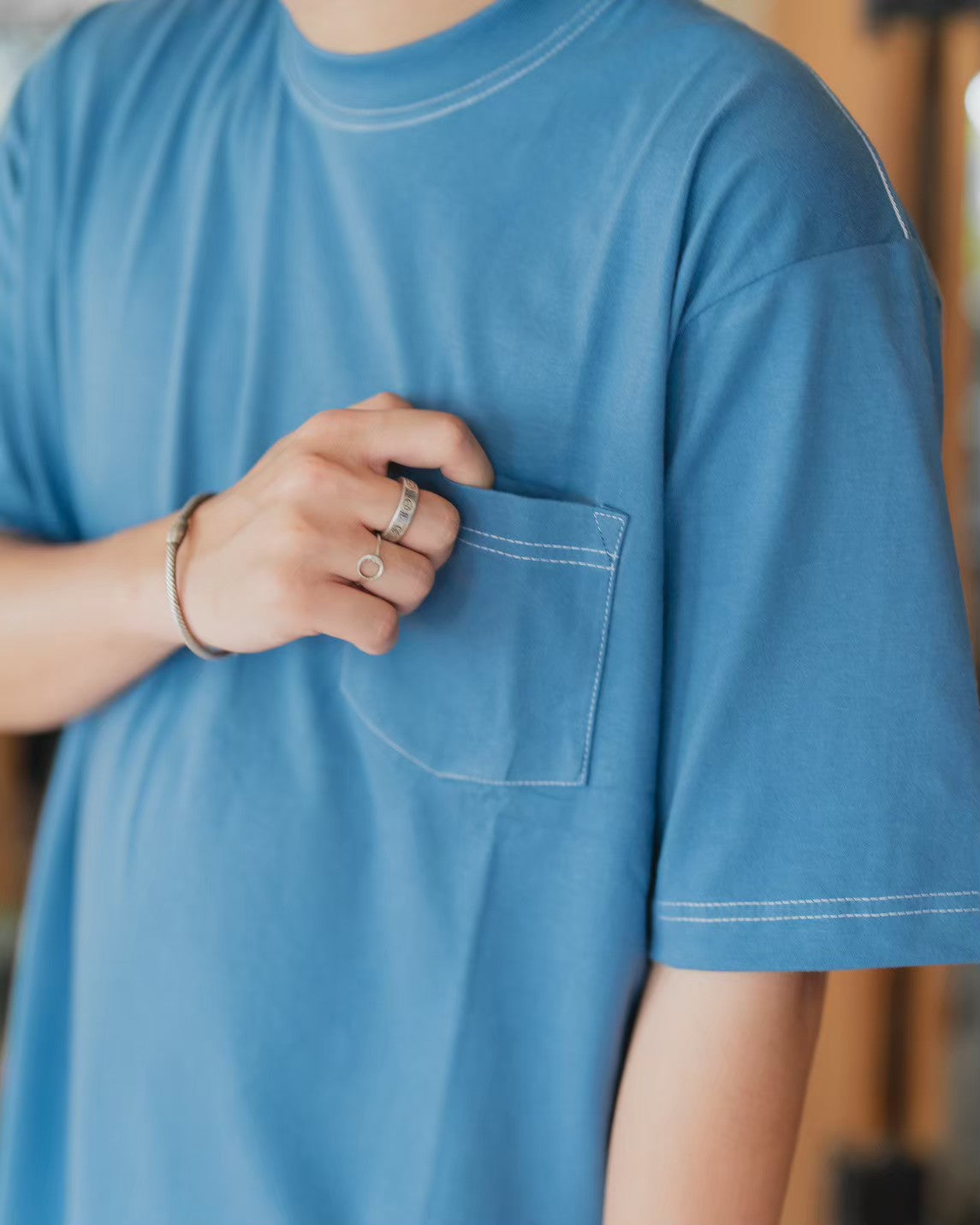 Ginza Oversize Tshirt Steel Blue White Stitch