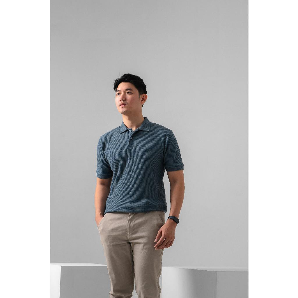 Shibuya Polo Waffle 2.0 in Stone Blue - Kaos Polo Waffle Pria Premium Biru - BYBLANK