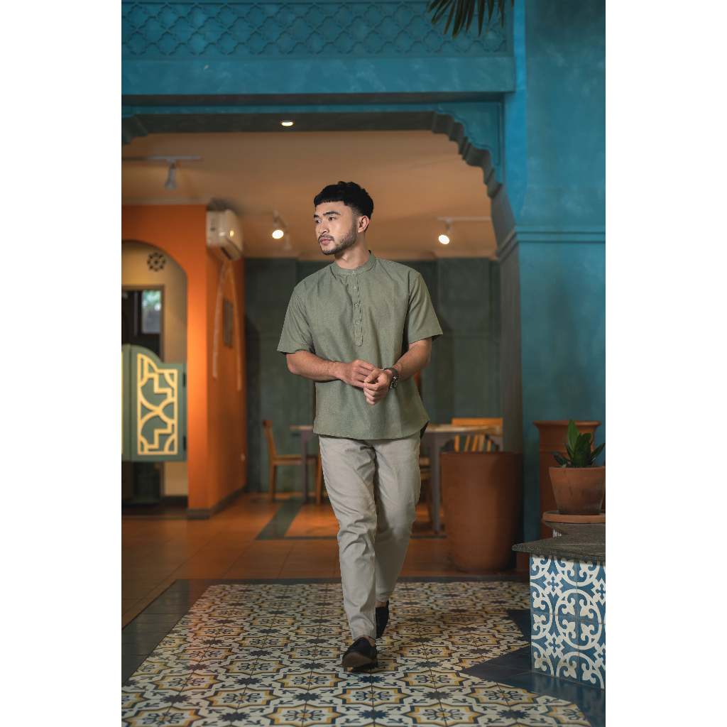 Dubai Kemeja Koko Lengan Pendek Linen Premium Sage Green /  Hijau Sage - BYBLANK