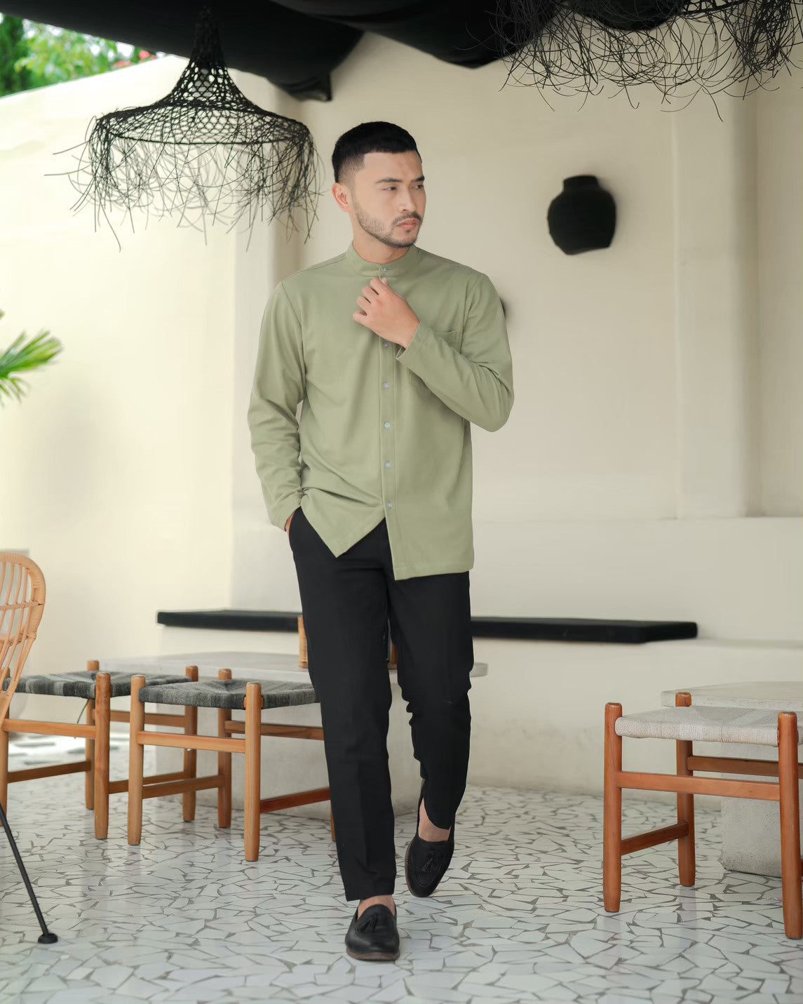 Sakai Kemeja Kerah Shanghai Lengan Panjang Sage Green